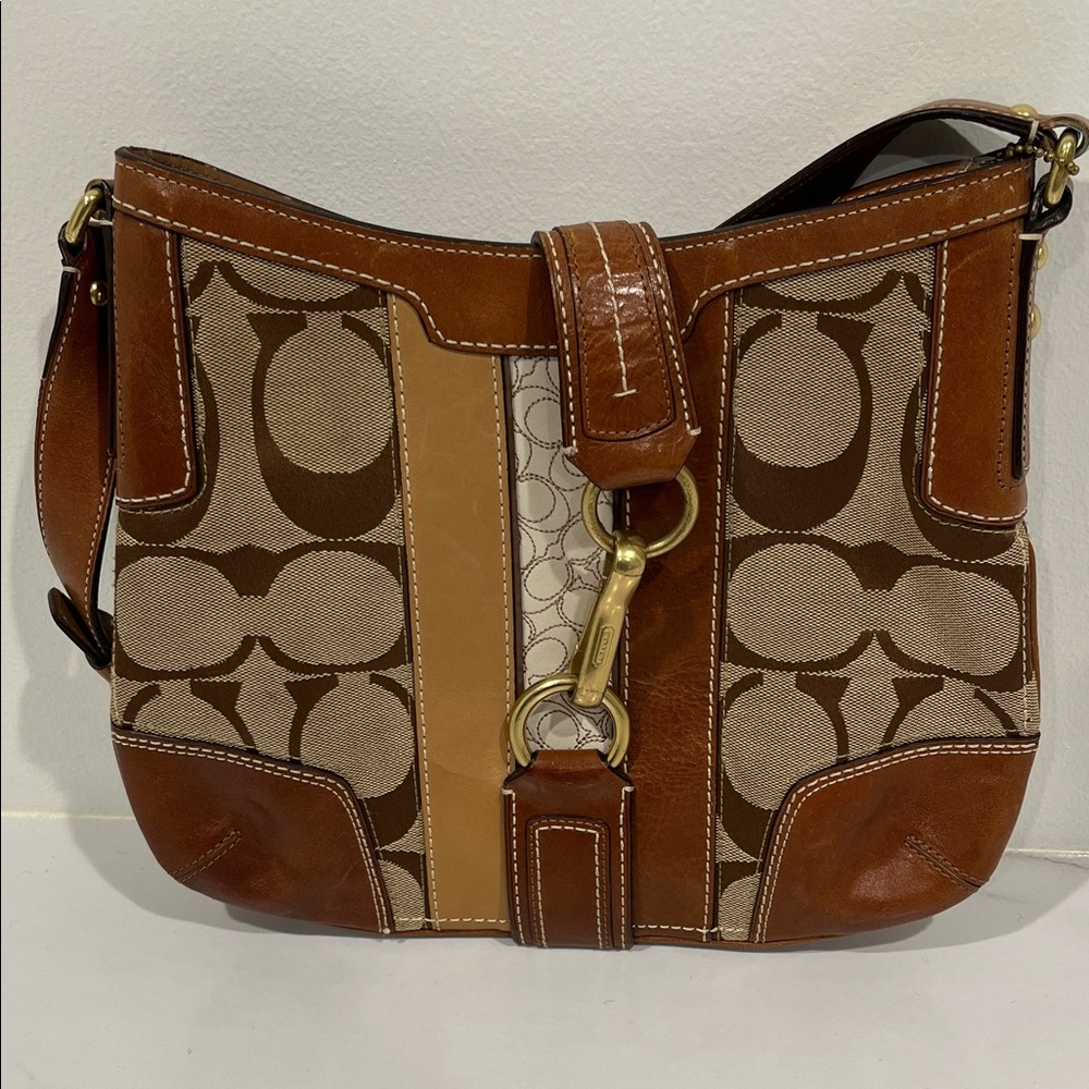 Coach Brown and Tan Signature Shoulder Bag